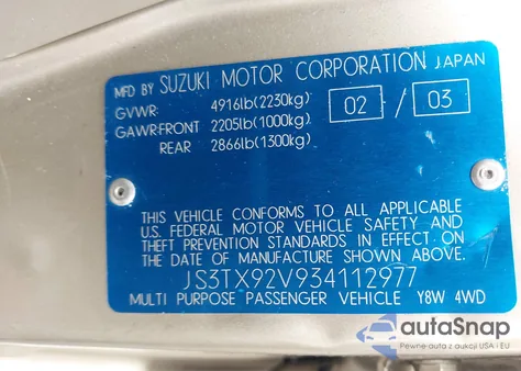 2003 Suzuki Xl-7 Ltd/Touring из США, поврежденный, VIN JS3TX92V934112977